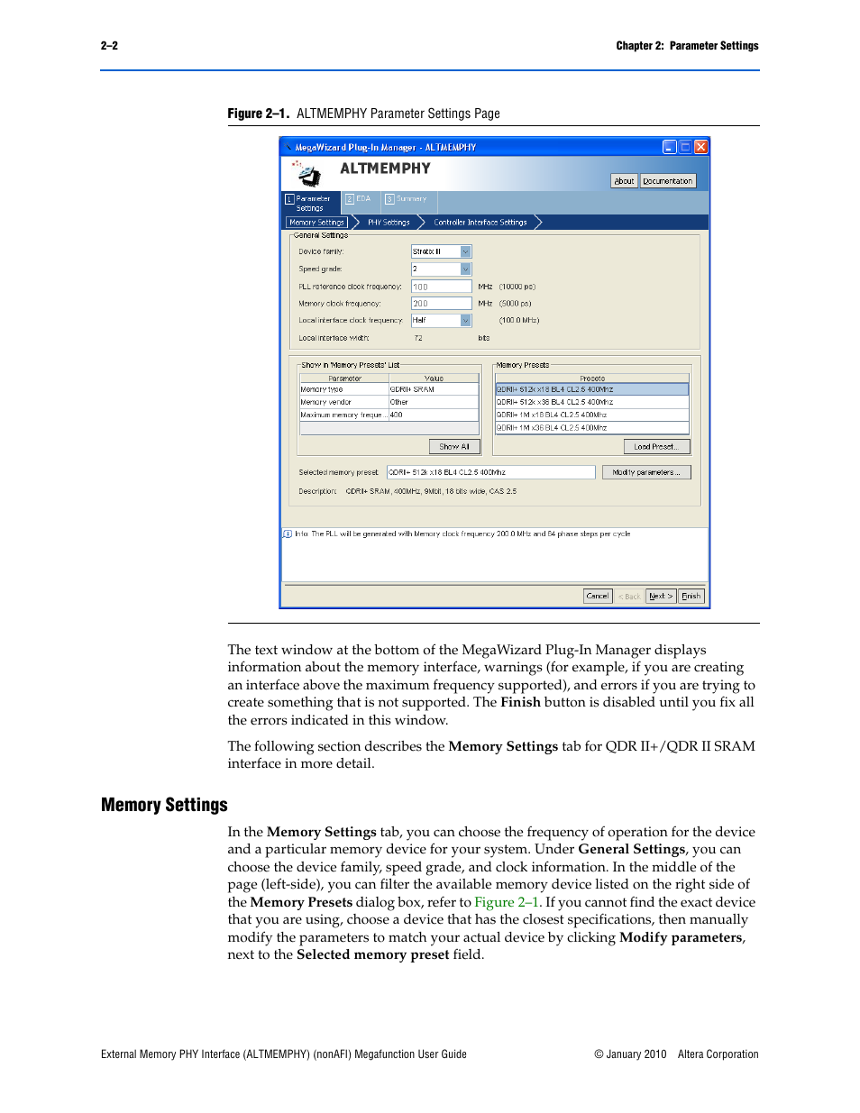 Memory settings, Memory settings –2 | Altera External Memory PHY Interface User Manual | Page 8 / 83