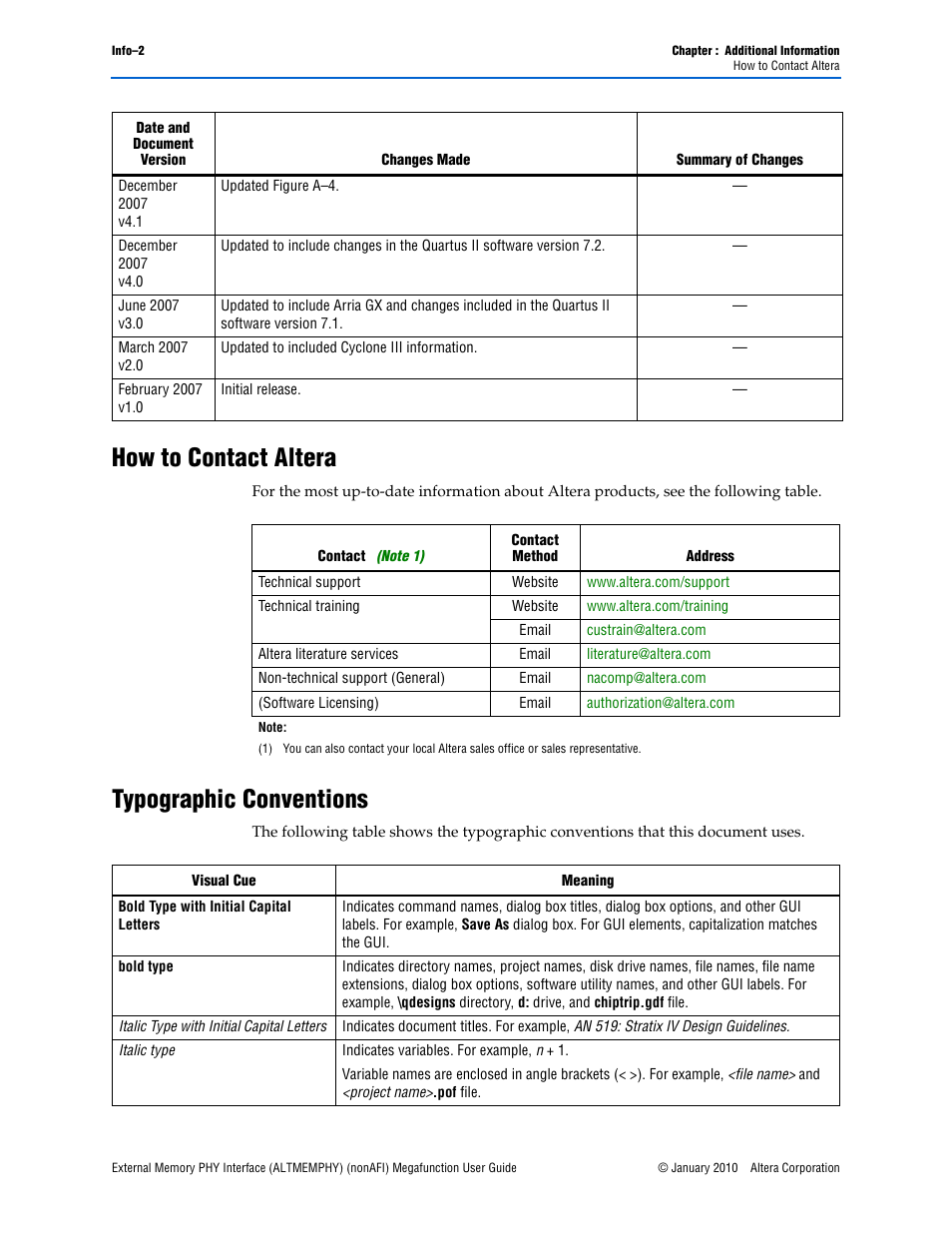 How to contact altera, Typographic conventions | Altera External Memory PHY Interface User Manual | Page 82 / 83