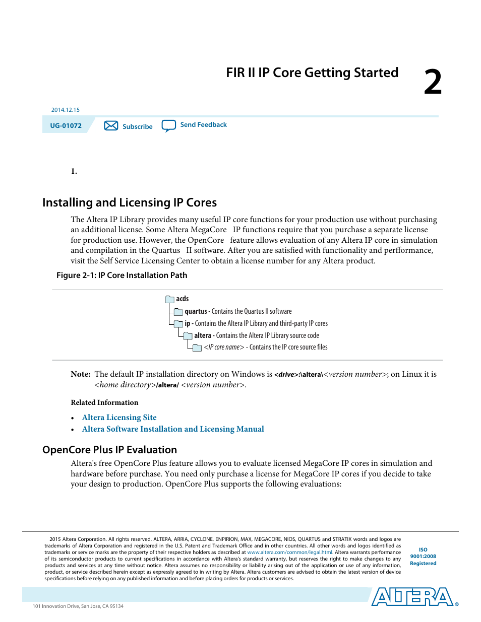 Fir ii ip core getting started, Installing and licensing ip cores, Opencore plus ip evaluation | Fir ii ip core getting started -1, Installing and licensing ip cores -1, Opencore plus ip evaluation -1 | Altera FIR Compiler II MegaCore Function User Manual | Page 16 / 57