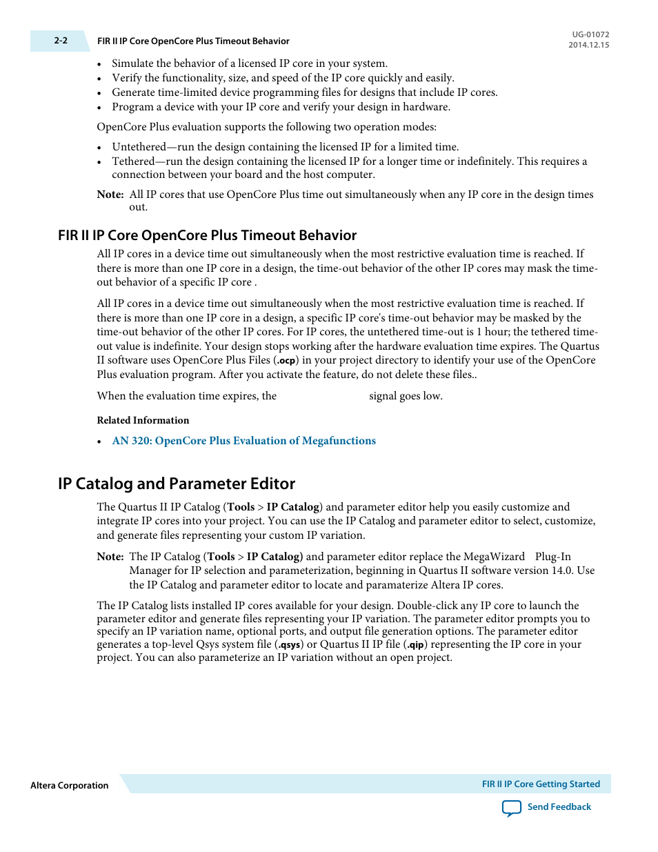 Fir ii ip core opencore plus timeout behavior, Ip catalog and parameter editor, Fir ii ip core opencore plus timeout behavior -2 | Ip catalog and parameter editor -2 | Altera FIR Compiler II MegaCore Function User Manual | Page 17 / 57