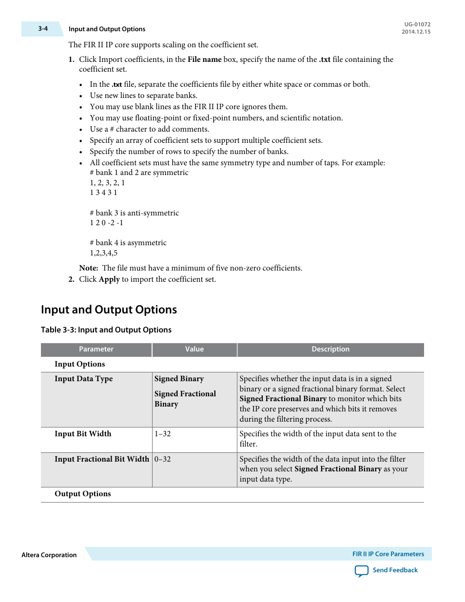 Input and output options, Input and output options -4 | Altera FIR Compiler II MegaCore Function User Manual | Page 29 / 57