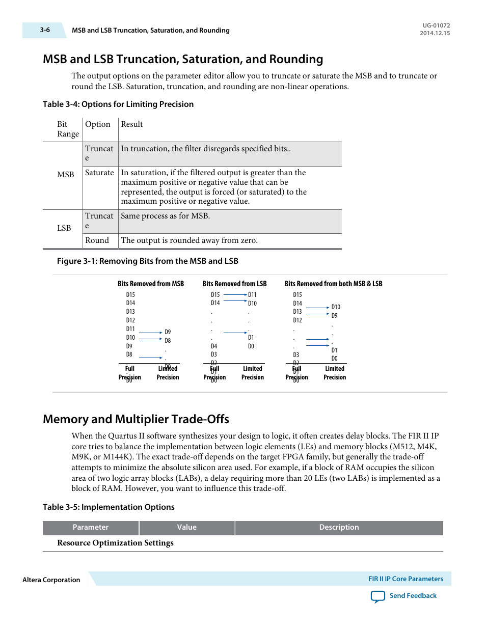 Msb and lsb truncation, saturation, and rounding, Memory and multiplier trade-offs, Memory and multiplier trade-offs -6 | Altera FIR Compiler II MegaCore Function User Manual | Page 31 / 57