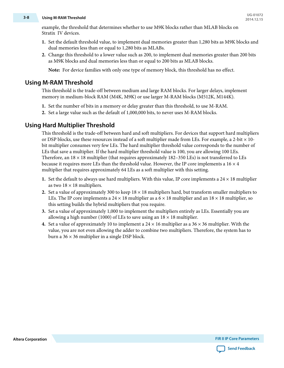 Using m-ram threshold, Using hard multiplier threshold, Using m-ram threshold -8 | Using hard multiplier threshold -8 | Altera FIR Compiler II MegaCore Function User Manual | Page 33 / 57