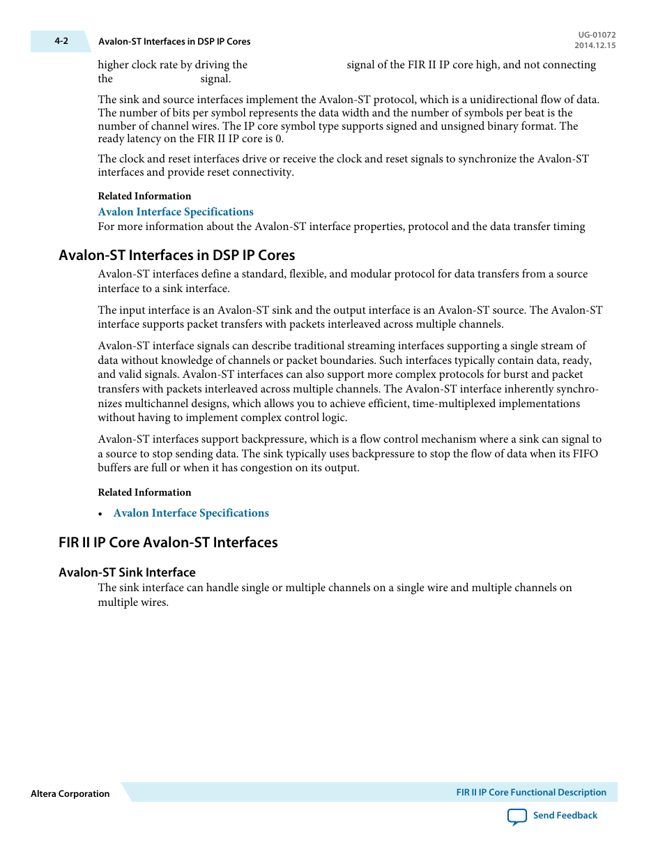 Avalon-st interfaces in dsp ip cores, Fir ii ip core avalon-st interfaces, Avalon-st sink interface | Avalon-st interfaces in dsp ip cores -2, Fir ii ip core avalon-st interfaces -2 | Altera FIR Compiler II MegaCore Function User Manual | Page 35 / 57