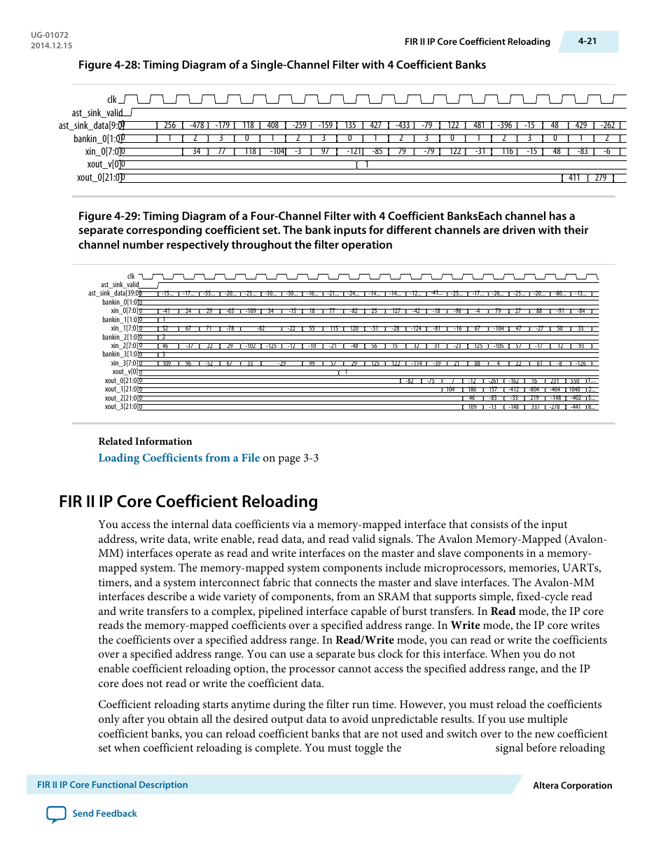 Fir ii ip core coefficient reloading, Fir ii ip core coefficient reloading -21, Loading coefficients from a file on page 3-3 | Signal before reloading | Altera FIR Compiler II MegaCore Function User Manual | Page 54 / 57