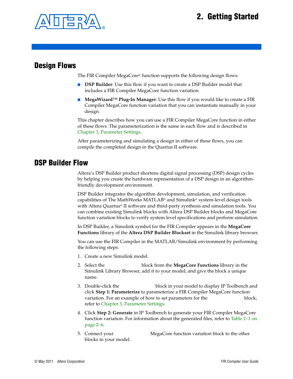 Getting started, Design flows, Dsp builder flow | Chapter 2. getting started, Design flows –1 dsp builder flow –1 | Altera FIR Compiler User Manual | Page 15 / 76