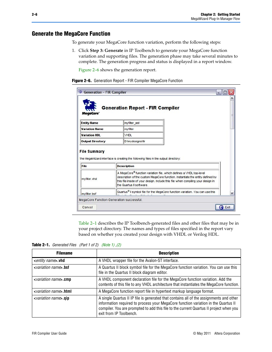 Generate the megacore function, Generate the megacore function –6, Table 2–1 on | Altera FIR Compiler User Manual | Page 20 / 76