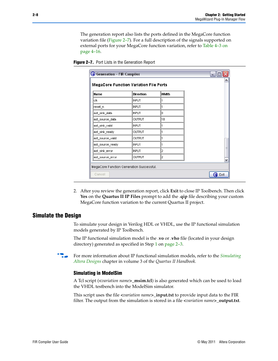 Simulate the design, Simulate the design –8, Simulating in modelsim –8 | Altera FIR Compiler User Manual | Page 22 / 76