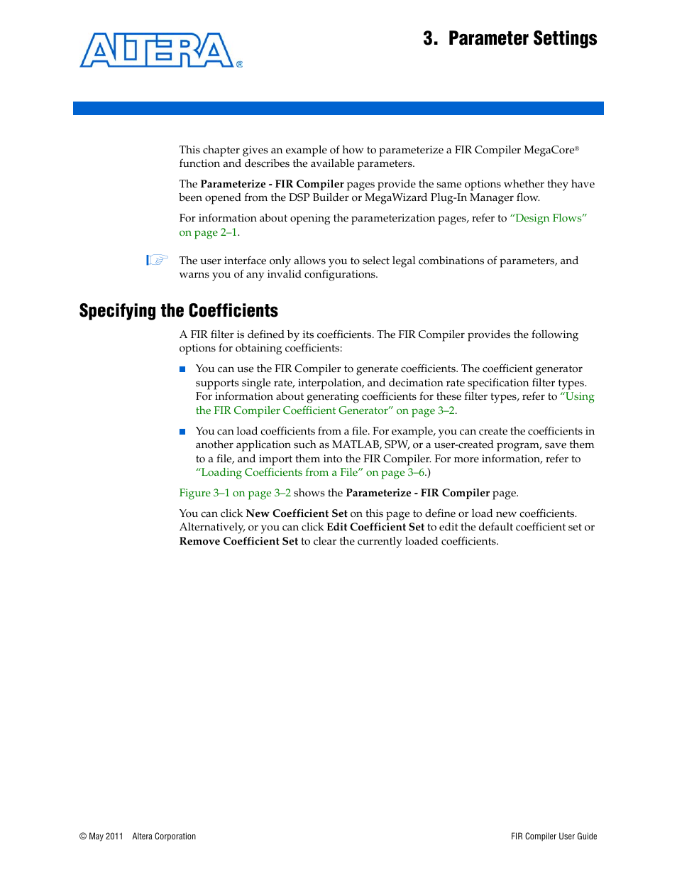 Parameter settings, Specifying the coefficients, Chapter 3. parameter settings | Specifying the coefficients –1, Chapter 3, parameter settings | Altera FIR Compiler User Manual | Page 25 / 76
