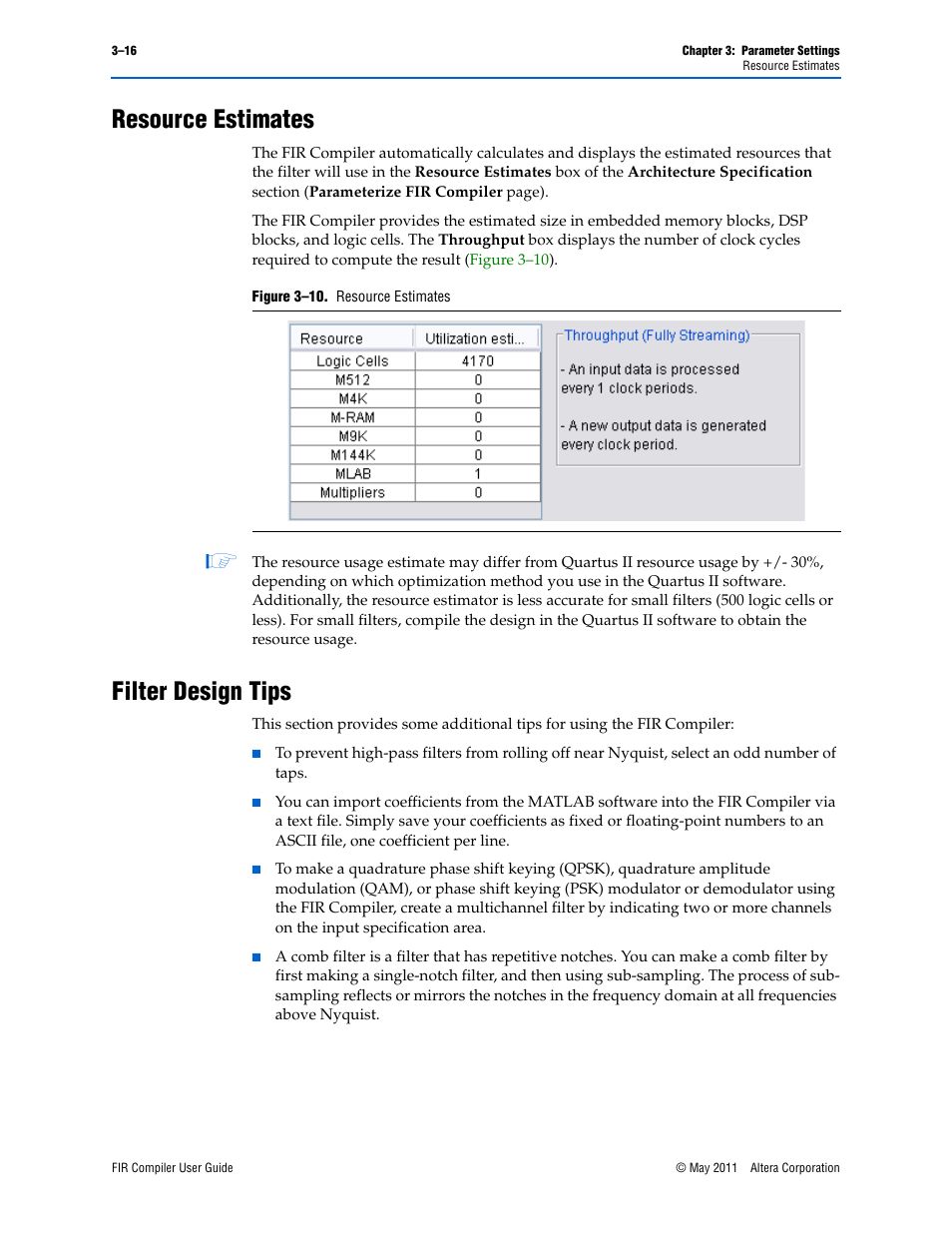 Resource estimates, Filter design tips, Resource estimates –16 filter design tips –16 | Altera FIR Compiler User Manual | Page 40 / 76