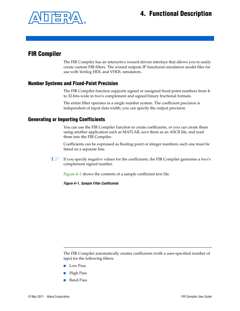 Functional description, Fir compiler, Number systems and fixed-point precision | Generating or importing coefficients, Chapter 4. functional description, Fir compiler –1 | Altera FIR Compiler User Manual | Page 43 / 76