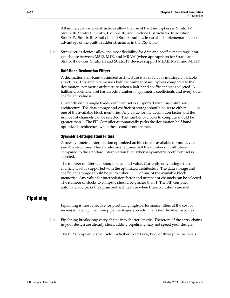 Pipelining, Pipelining –12 | Altera FIR Compiler User Manual | Page 54 / 76