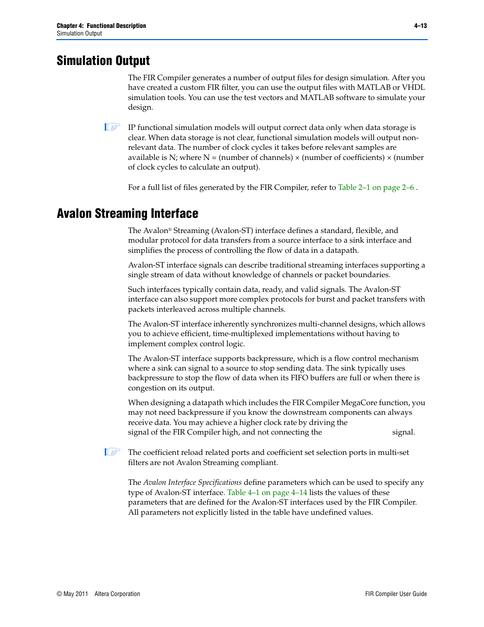 Simulation output, Avalon streaming interface, Avalon streaming | Altera FIR Compiler User Manual | Page 55 / 76