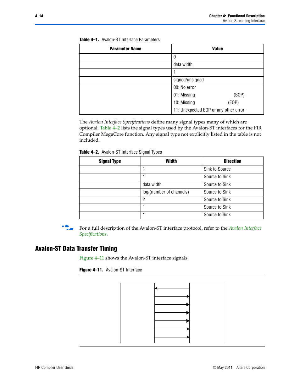 Avalon-st data transfer timing, Avalon-st data transfer timing –14, Interface | Altera FIR Compiler User Manual | Page 56 / 76