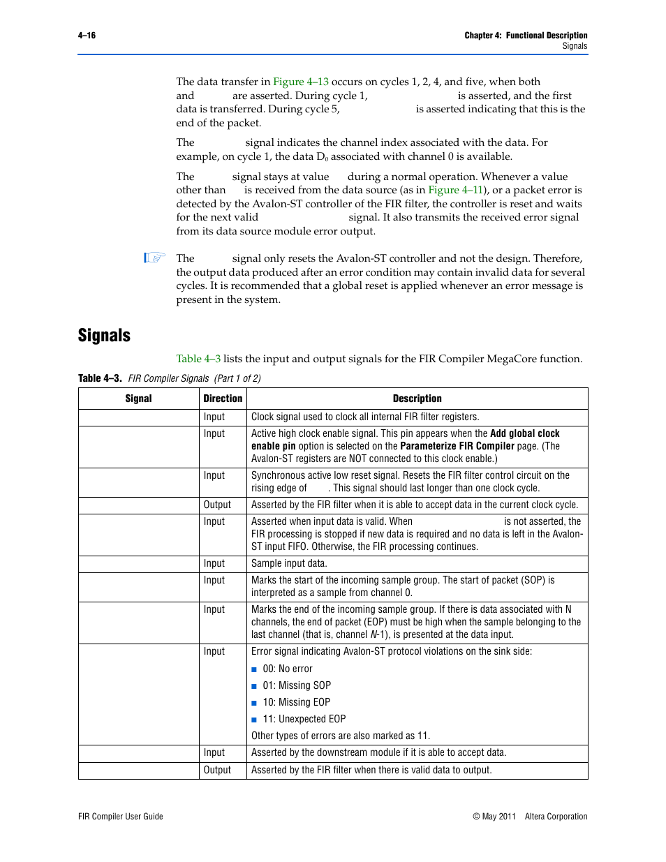 Signals, Signals –16, Table 4–3 on | Altera FIR Compiler User Manual | Page 58 / 76