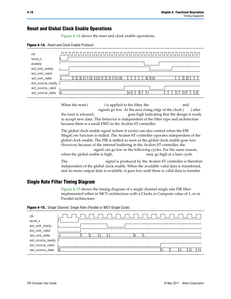 Reset and global clock enable operations, Single rate filter timing diagram | Altera FIR Compiler User Manual | Page 60 / 76