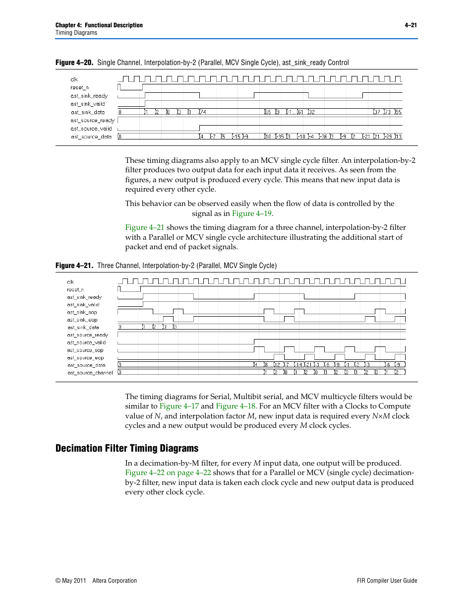 Decimation filter timing diagrams, Decimation filter timing diagrams –21, Show a single | Altera FIR Compiler User Manual | Page 63 / 76