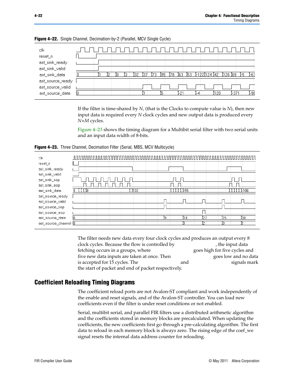 Coefficient reloading timing diagrams, Coefficient reloading timing diagrams –22 | Altera FIR Compiler User Manual | Page 64 / 76