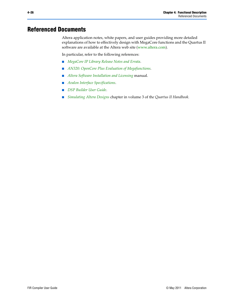 Referenced documents, Referenced documents –26 | Altera FIR Compiler User Manual | Page 68 / 76