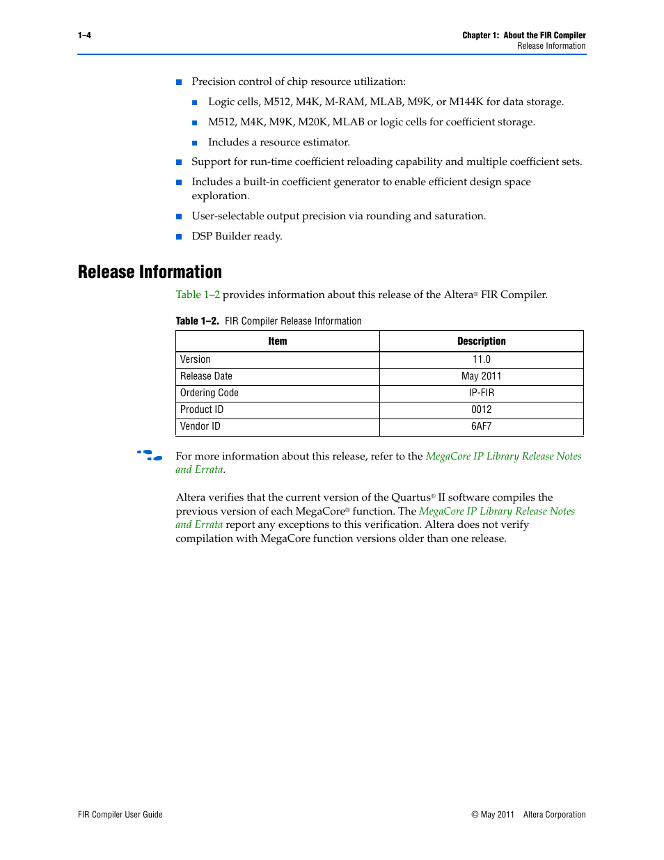 Release information, Release information –4 | Altera FIR Compiler User Manual | Page 8 / 76