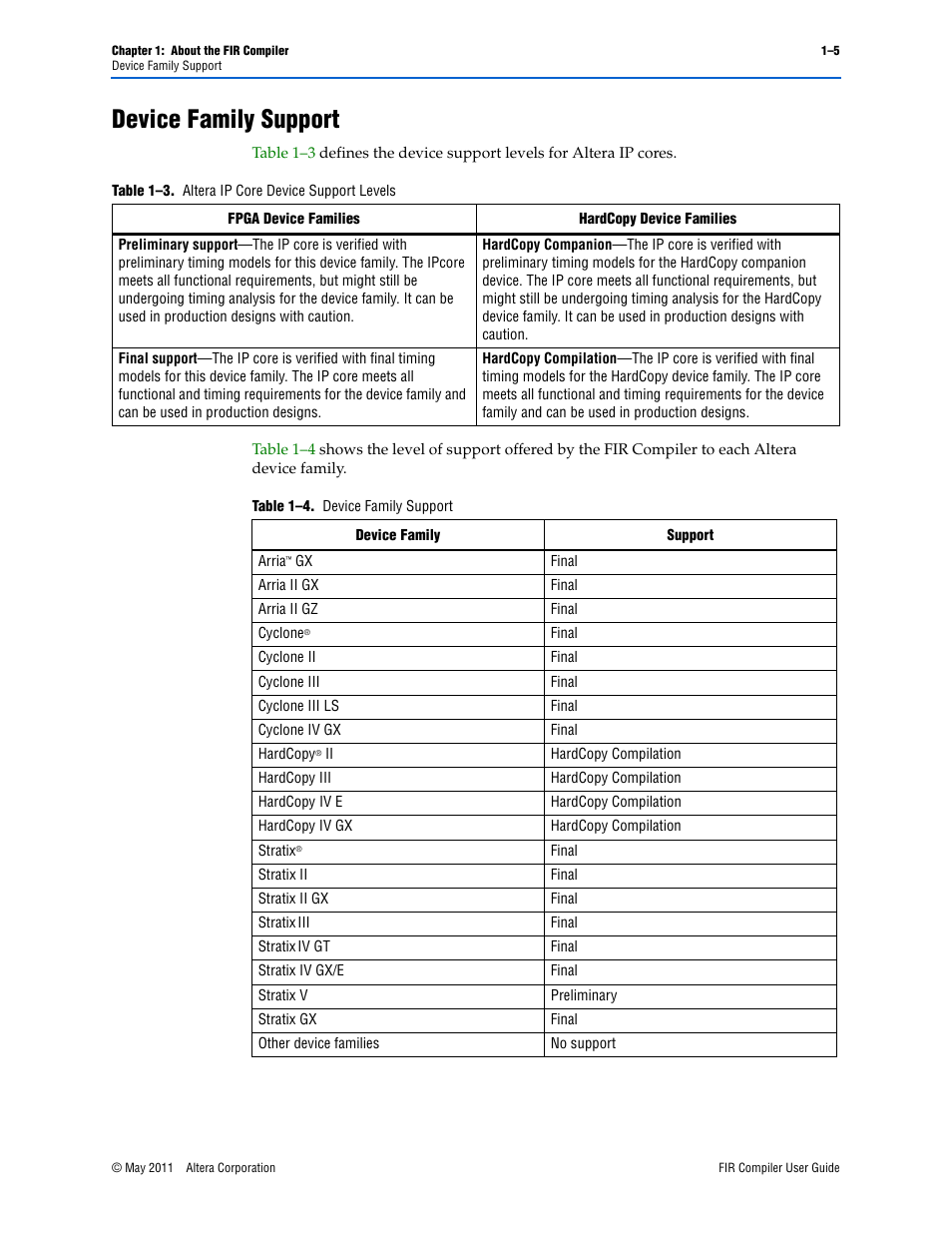 Device family support, Device family support –5 | Altera FIR Compiler User Manual | Page 9 / 76