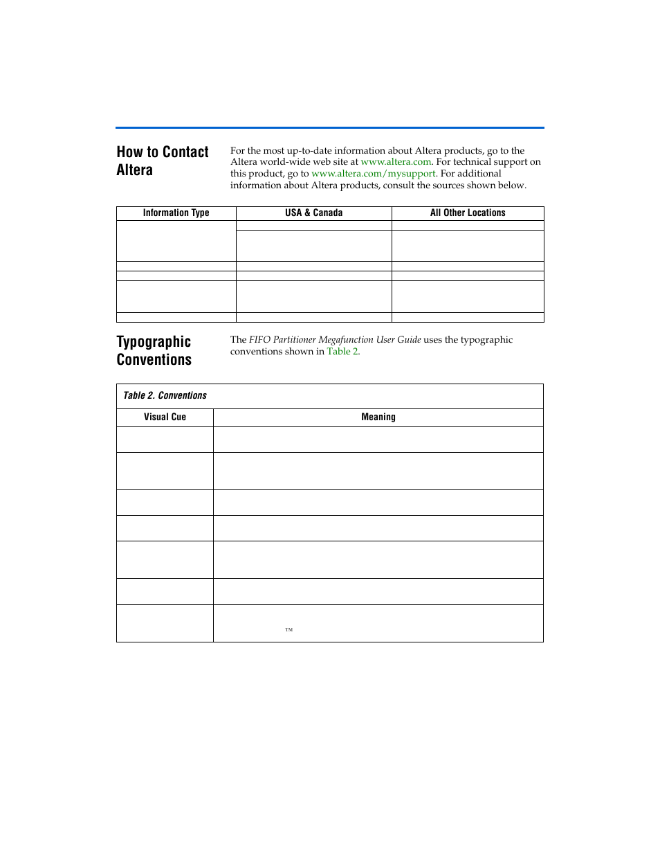 How to contact altera, Typographic conventions, How to contact altera typographic conventions | Altera First-In-First-Out Partitioner User Manual | Page 5 / 22
