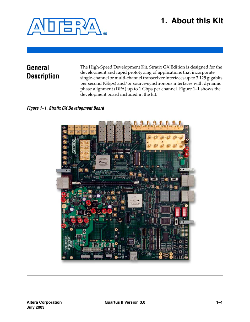 About this kit, General description, Chapter 1. about this kit | General description –1 | Altera High-Speed Development Kit, Stratix GX Edition User Manual | Page 11 / 140