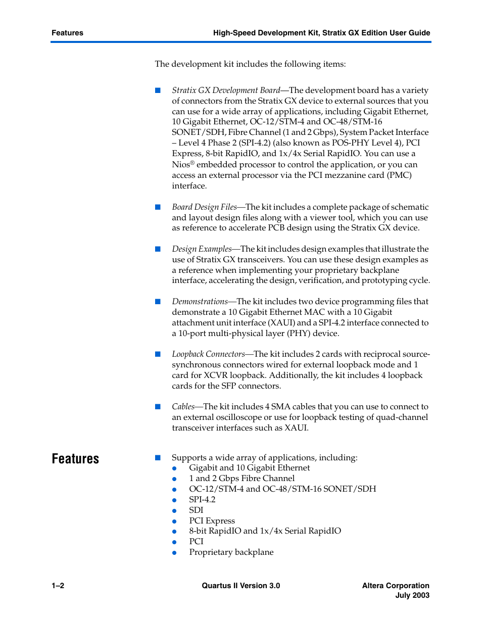Features, Features –2 | Altera High-Speed Development Kit, Stratix GX Edition User Manual | Page 12 / 140
