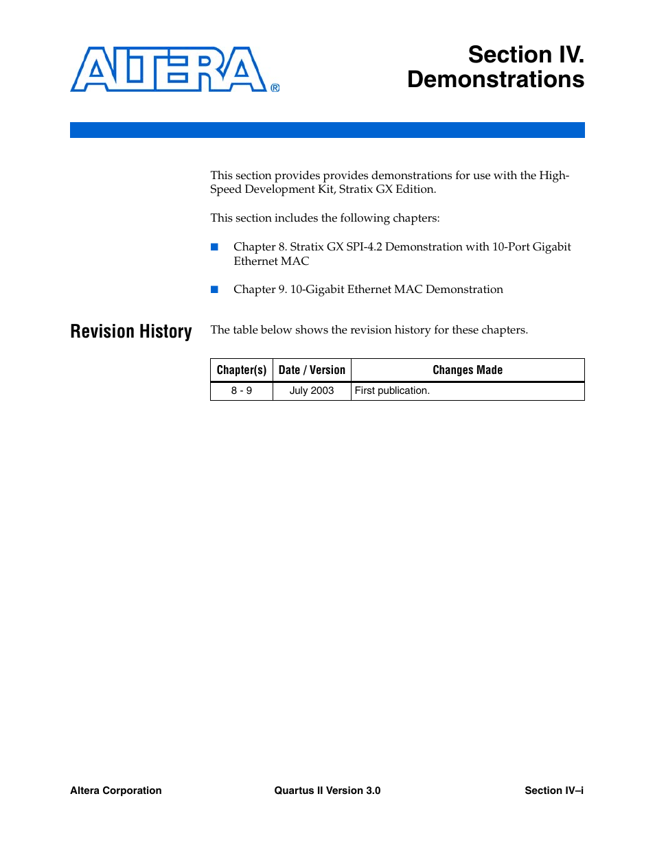 Revision history, Section iv. demonstrations | Altera High-Speed Development Kit, Stratix GX Edition User Manual | Page 127 / 140