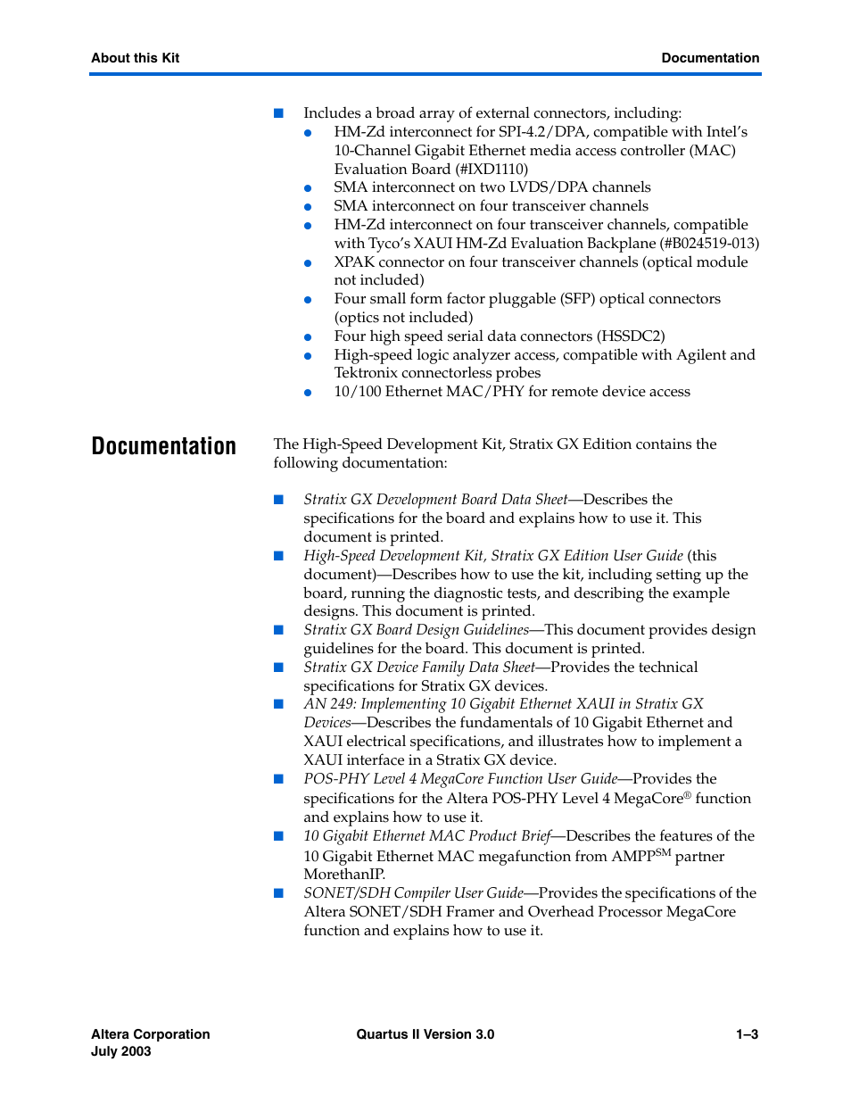 Documentation, Documentation –3 | Altera High-Speed Development Kit, Stratix GX Edition User Manual | Page 13 / 140