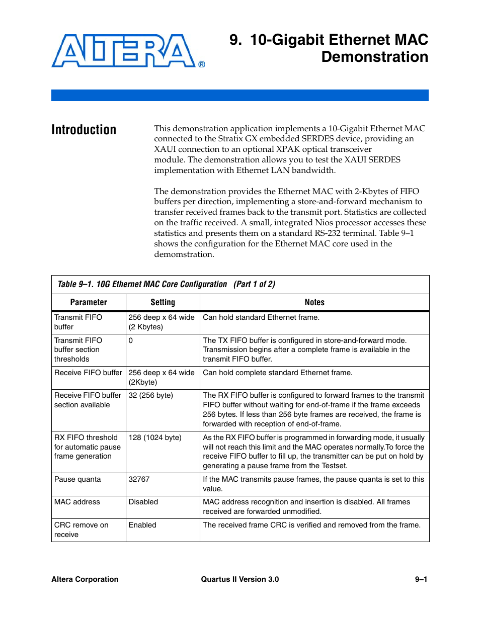 10-gigabit ethernet mac demonstration, Introduction, Chapter 9. 10-gigabit ethernet mac demonstration | Introduction –1 | Altera High-Speed Development Kit, Stratix GX Edition User Manual | Page 135 / 140