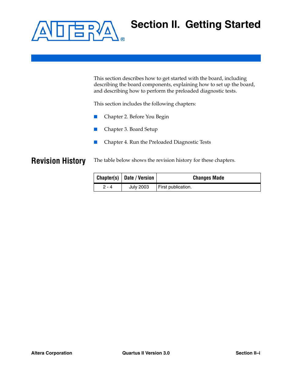 Revision history, Section ii. getting started | Altera High-Speed Development Kit, Stratix GX Edition User Manual | Page 15 / 140