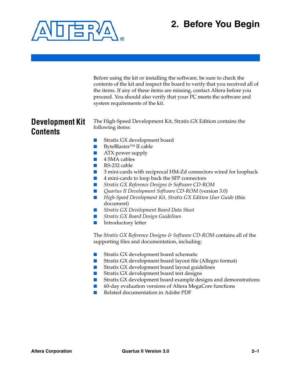 Before you begin, Development kit contents, Chapter 2. before you begin | Development kit contents –1 | Altera High-Speed Development Kit, Stratix GX Edition User Manual | Page 17 / 140