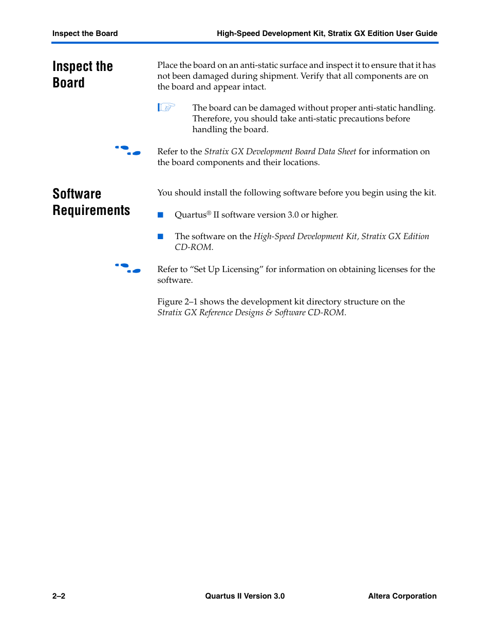 Inspect the board, Software requirements, Inspect the board –2 software requirements –2 | Altera High-Speed Development Kit, Stratix GX Edition User Manual | Page 18 / 140