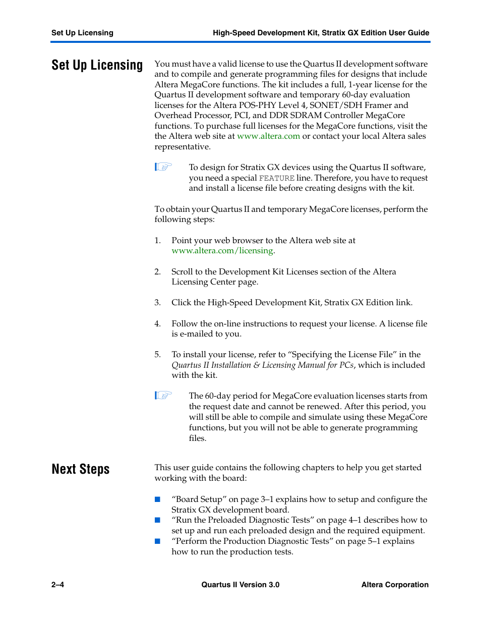 Set up licensing, Next steps, Set up licensing –4 next steps –4 | Altera High-Speed Development Kit, Stratix GX Edition User Manual | Page 20 / 140