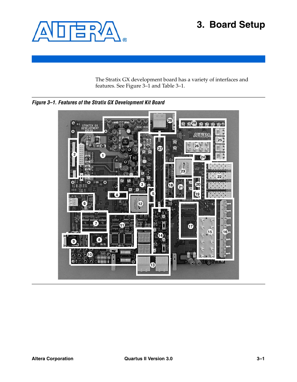 Board setup, Chapter 3. board setup | Altera High-Speed Development Kit, Stratix GX Edition User Manual | Page 23 / 140