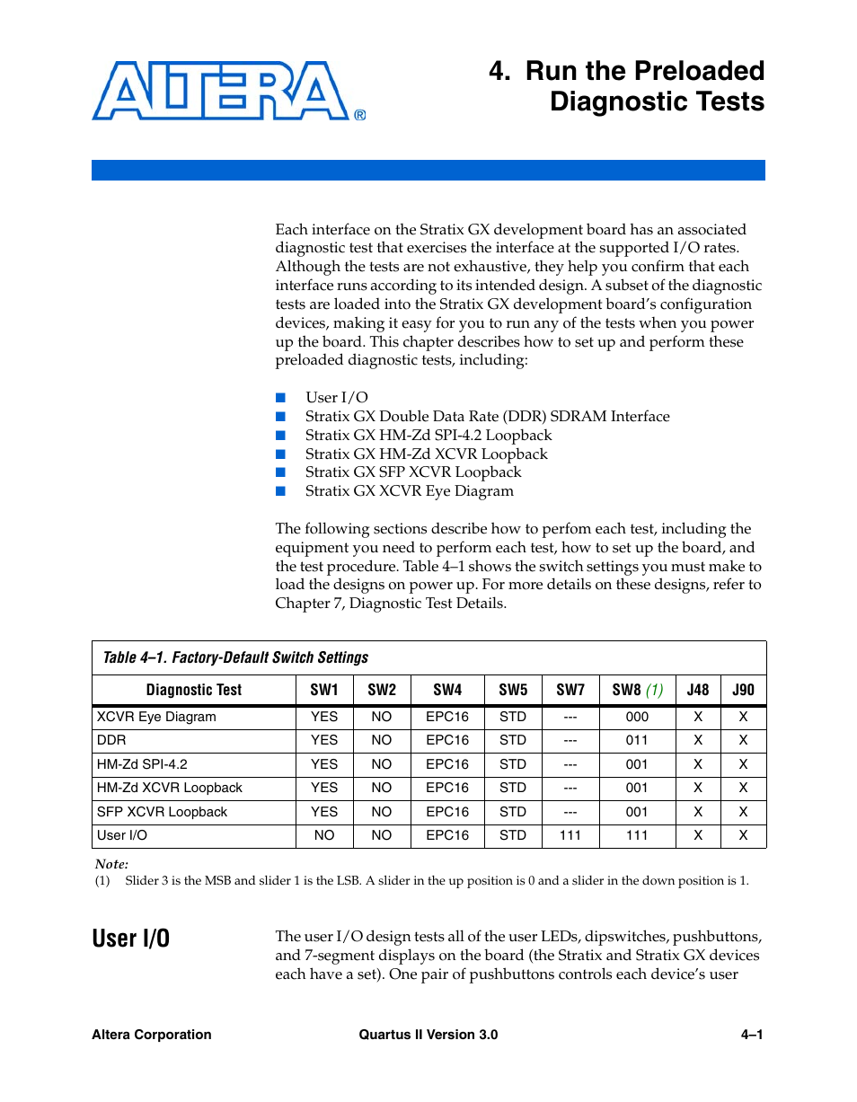 Run the preloaded diagnostic tests, User i/o, Chapter 4. run the preloaded diagnostic tests | User i/o –1 | Altera High-Speed Development Kit, Stratix GX Edition User Manual | Page 29 / 140