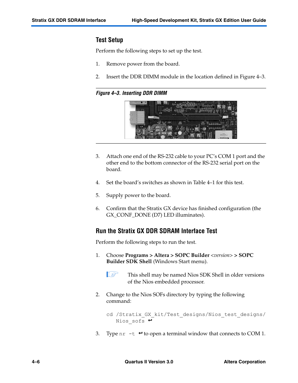 Test setup, Run the stratix gx ddr sdram interface test | Altera High-Speed Development Kit, Stratix GX Edition User Manual | Page 34 / 140