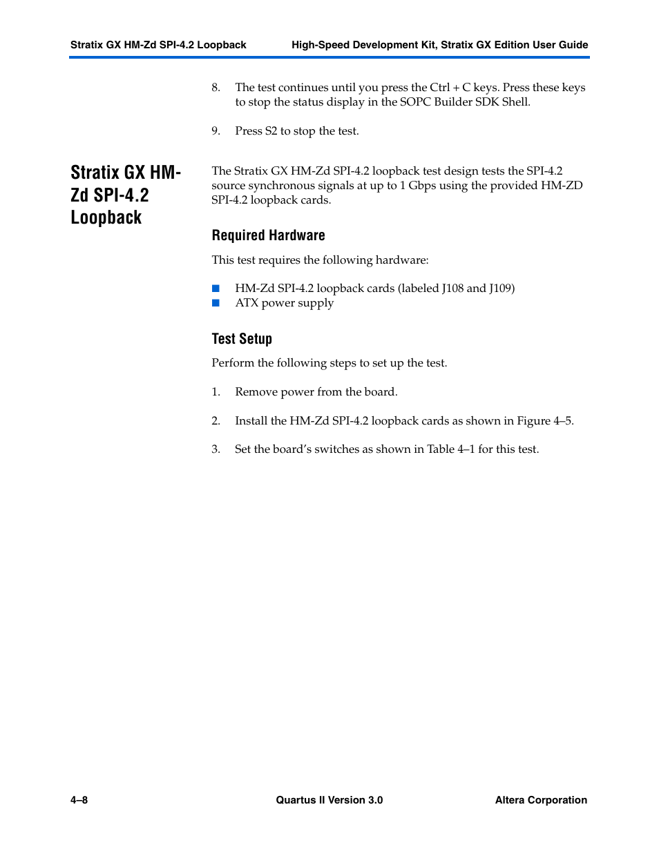 Stratix gx hm- zd spi-4.2 loopback, Required hardware, Test setup | Stratix gx hm-zd spi-4.2 loopback –8, Stratix gx hm-zd spi-4.2 loopback | Altera High-Speed Development Kit, Stratix GX Edition User Manual | Page 36 / 140