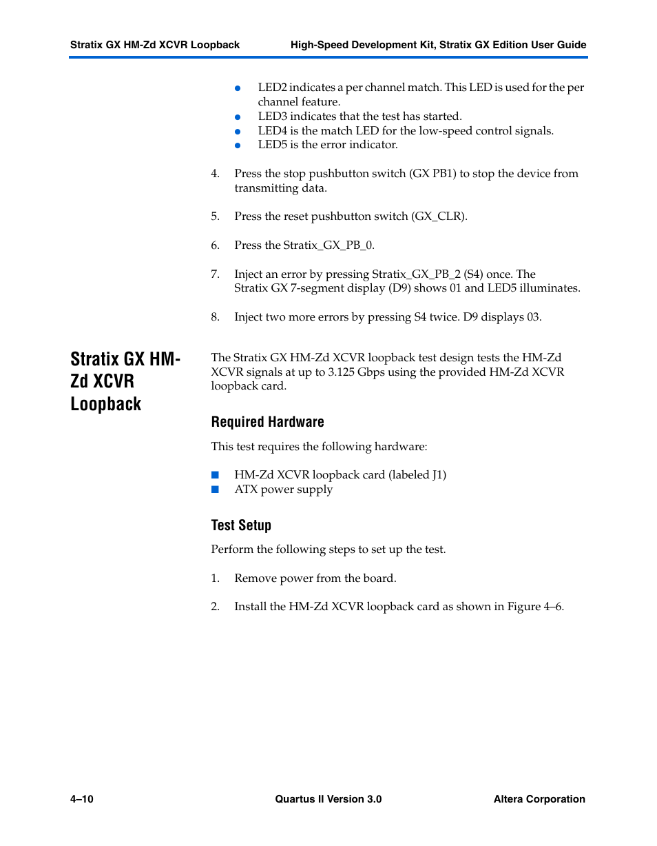 Stratix gx hm- zd xcvr loopback, Required hardware, Test setup | Stratix gx hm-zd xcvr loopback –10, Stratix gx hm-zd xcvr loopback | Altera High-Speed Development Kit, Stratix GX Edition User Manual | Page 38 / 140