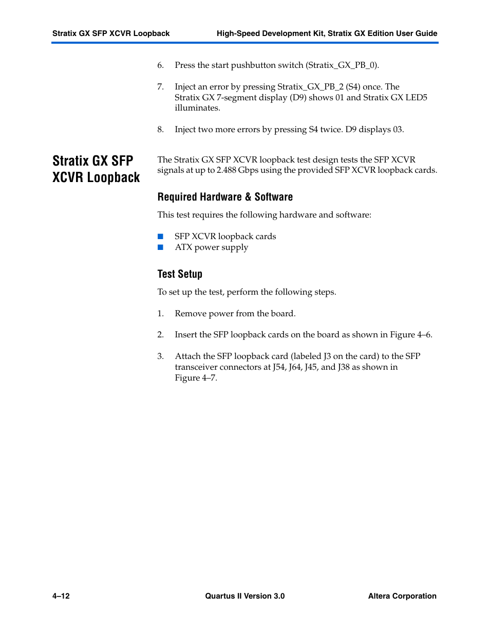 Stratix gx sfp xcvr loopback, Required hardware & software, Test setup | Stratix gx sfp xcvr loopback –12 | Altera High-Speed Development Kit, Stratix GX Edition User Manual | Page 40 / 140