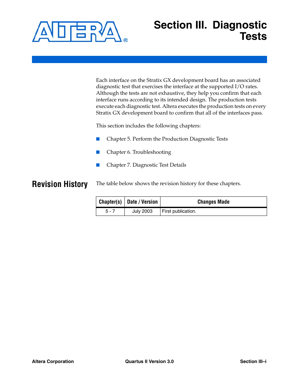 Revision history, Section iii. diagnostic tests | Altera High-Speed Development Kit, Stratix GX Edition User Manual | Page 43 / 140
