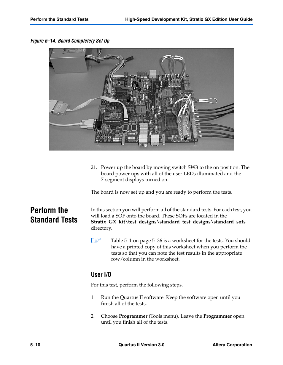 Perform the standard tests, User i/o, Perform the standard tests –10 | Altera High-Speed Development Kit, Stratix GX Edition User Manual | Page 54 / 140