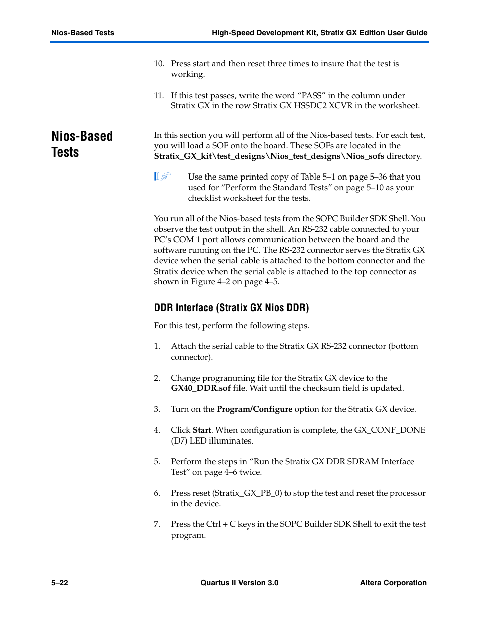 Nios-based tests, Ddr interface (stratix gx nios ddr), Nios-based tests –22 | Altera High-Speed Development Kit, Stratix GX Edition User Manual | Page 66 / 140