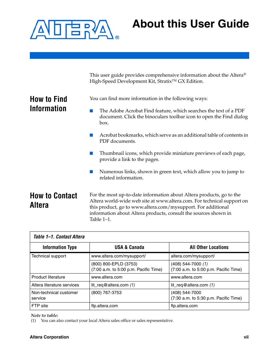 About this user guide, How to find information, How to contact altera | Altera High-Speed Development Kit, Stratix GX Edition User Manual | Page 7 / 140