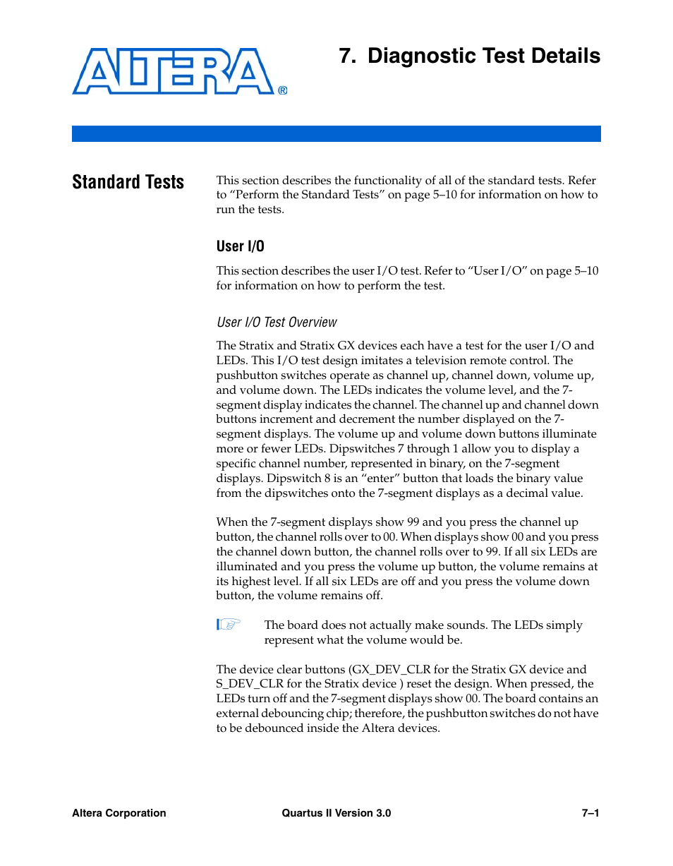 Diagnostic test details, Standard tests, User i/o | User i/o test overview, Chapter 7. diagnostic test details, Standard tests –1, Chapter 7, diagnostic test details | Altera High-Speed Development Kit, Stratix GX Edition User Manual | Page 83 / 140