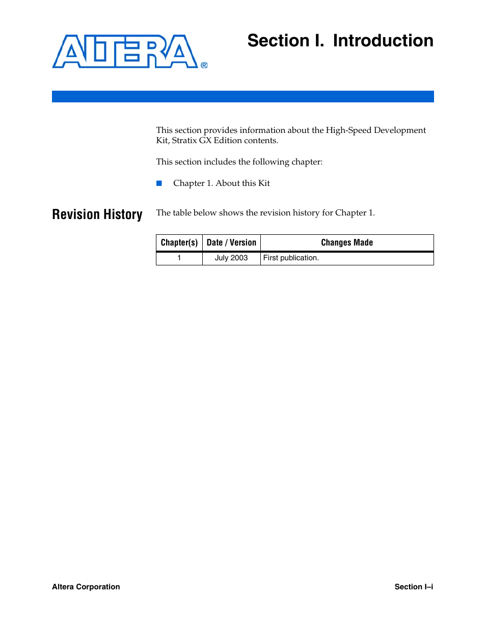 Revision history, Section i. introduction | Altera High-Speed Development Kit, Stratix GX Edition User Manual | Page 9 / 140