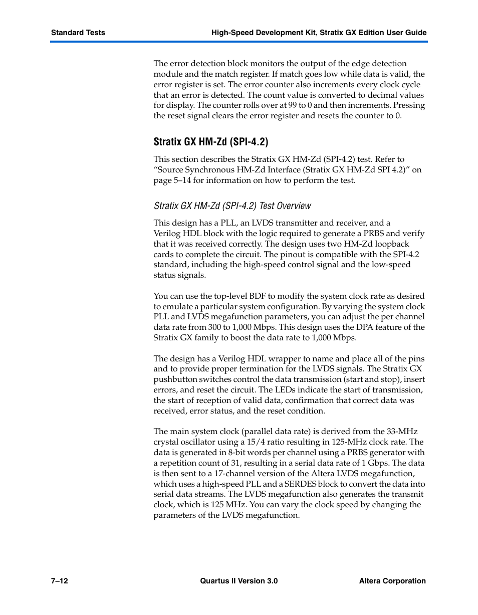 Stratix gx hm-zd (spi-4.2), Stratix gx hm-zd (spi-4.2) test overview | Altera High-Speed Development Kit, Stratix GX Edition User Manual | Page 94 / 140