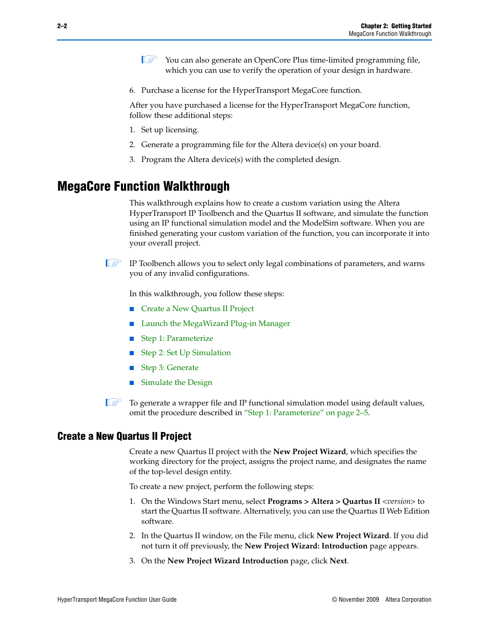 Megacore function walkthrough, Create a new quartus ii project, Megacore function walkthrough –2 | Create a new quartus ii project –2 | Altera HyperTransport MegaCore Function User Manual | Page 10 / 76