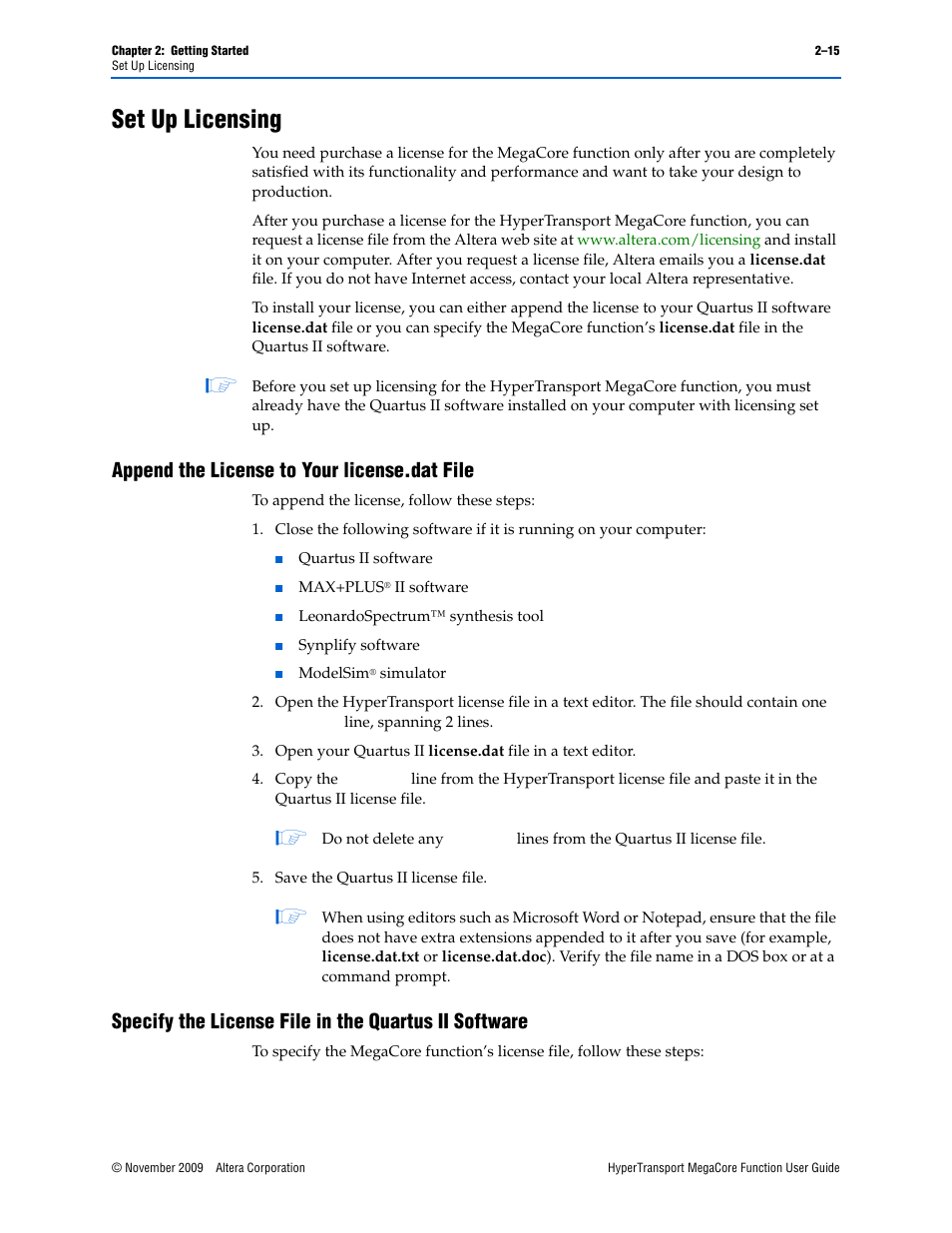 Set up licensing, Append the license to your license.dat file, Set up licensing –15 | Altera HyperTransport MegaCore Function User Manual | Page 23 / 76